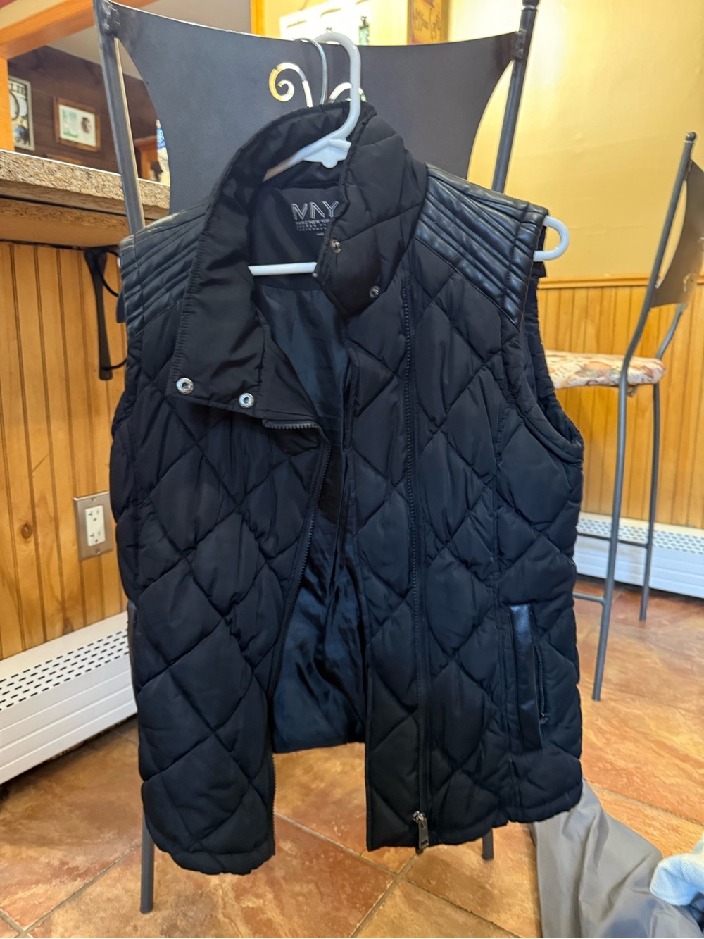 Marc New York Black Quilted Puffer Vest with Faux-Leather Shoulder Detail